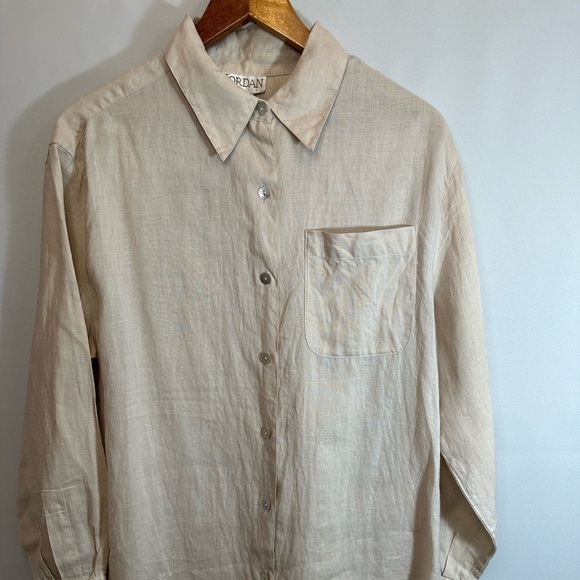 Jordan Womens Size L Vintage 100% Linen Shirt Button Up Long Sleeves Pocket Tan - Picture 6 of 10